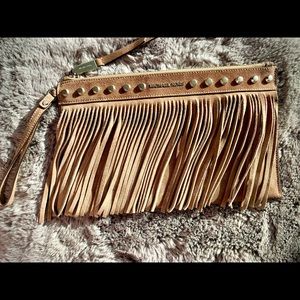 Michael Kors Billy Suede Brown/Tan Fringe & Studded Clutch Wristlet